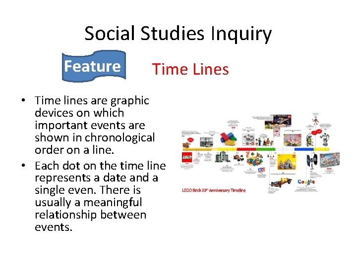 Social Studies Inquiry Feature Time Lines • Time lines are graphic devices on which