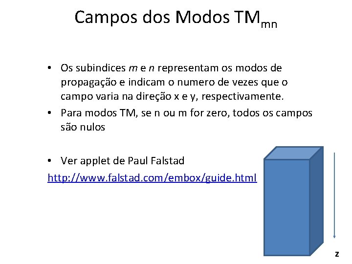 Campos dos Modos TMmn • Os subindices m e n representam os modos de