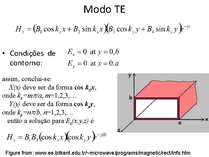 Modo TE • Condições de contorno: assim, conclui-se: X(x) deve ser da forma cos