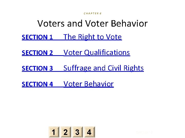 CHAPTER 6 Voters and Voter Behavior SECTION 1 The Right to Vote SECTION 2