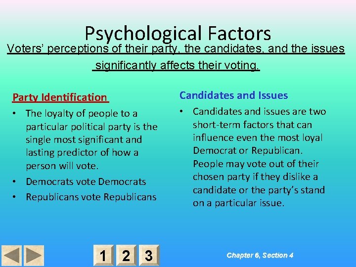 Psychological Factors Voters’ perceptions of their party, the candidates, and the issues significantly affects