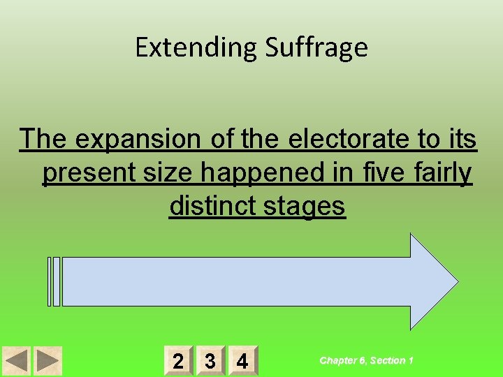 Extending Suffrage The expansion of the electorate to its present size happened in five