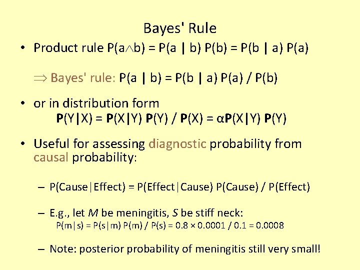 Bayes' Rule • Product rule P(a b) = P(a | b) P(b) = P(b