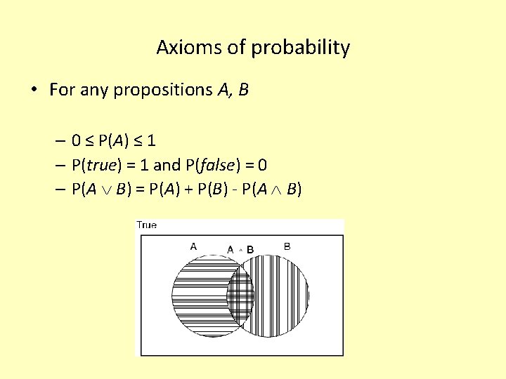 Axioms of probability • For any propositions A, B – 0 ≤ P(A) ≤