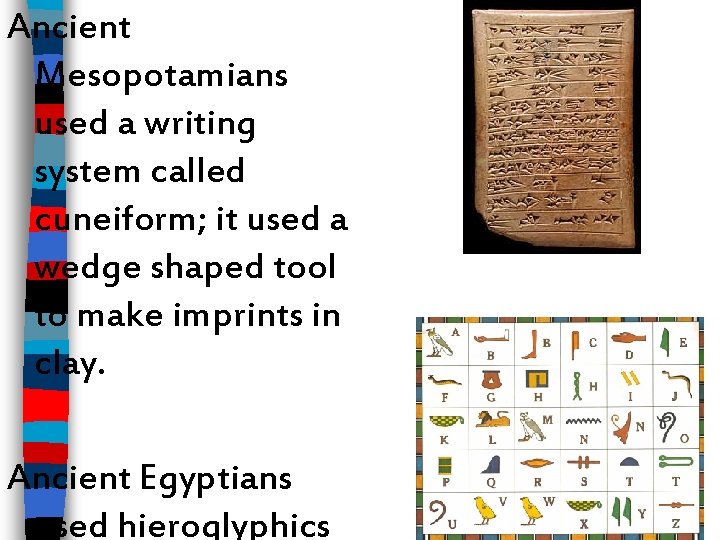 Ancient Mesopotamians used a writing system called cuneiform; it used a wedge shaped tool