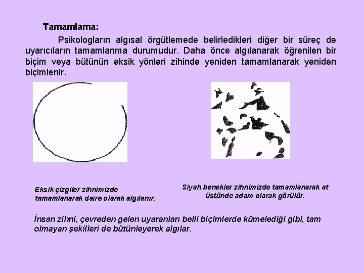 Tamamlama: Psikologların algısal örgütlemede belirledikleri diğer bir süreç de uyarıcıların tamamlanma durumudur. Daha önce