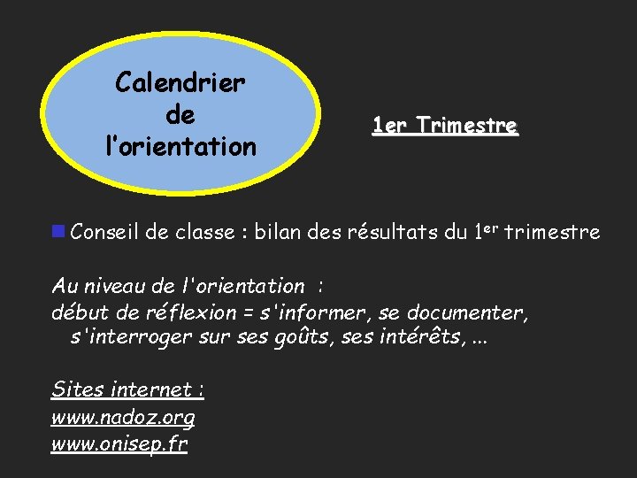 Calendrier de l’orientation 1 er Trimestre Conseil de classe : bilan des résultats du