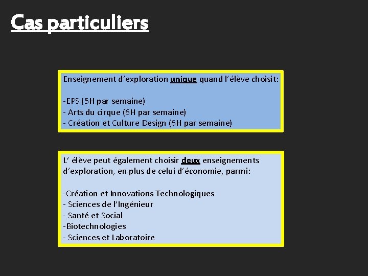 Cas particuliers Enseignement d’exploration unique quand l’élève choisit: -EPS (5 H par semaine) -