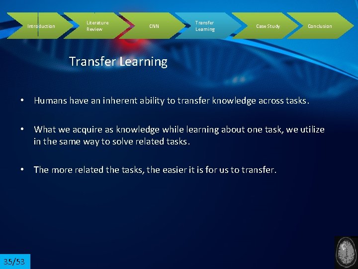 Introduction Literature Review CNN Transfer Learning Case Study Conclusion Transfer Learning • Humans have