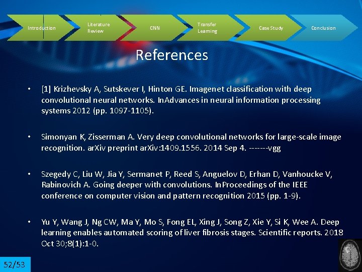 Introduction Literature Review CNN Transfer Learning Case Study Conclusion References 52/53 • [1] Krizhevsky