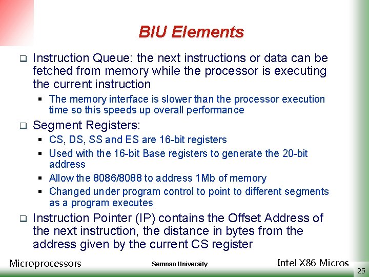 BIU Elements q Instruction Queue: the next instructions or data can be fetched from