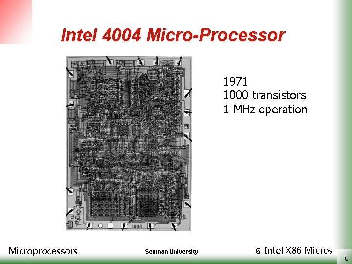 Intel 4004 Micro-Processor 1971 1000 transistors 1 MHz operation Microprocessors Semnan University 6 Intel