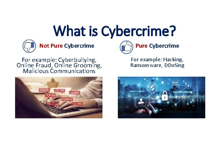 What is Cybercrime? Not Pure Cybercrime For example: Cyberbullying, Online Fraud, Online Grooming, Malicious