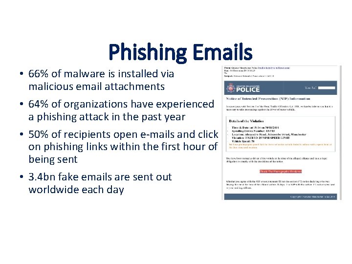 Phishing Emails • 66% of malware is installed via malicious email attachments • 64%