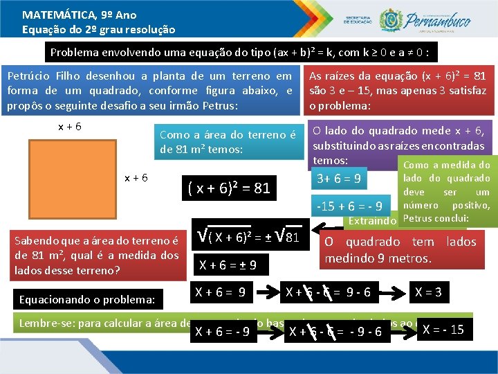 MATEMÁTICA, 9º Ano Equação do 2º grau resolução Problema envolvendo uma equação do tipo