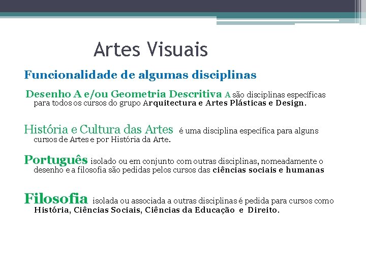 Artes Visuais Funcionalidade de algumas disciplinas Desenho A e/ou Geometria Descritiva A são disciplinas