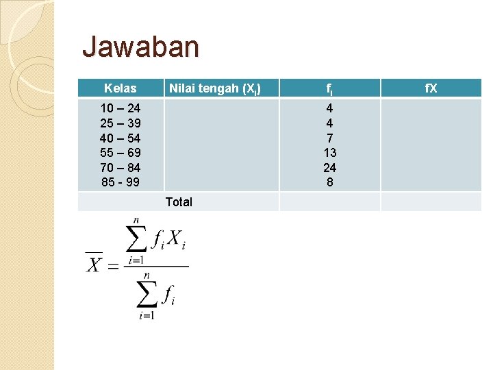 Jawaban Kelas Nilai tengah (Xi) 10 – 24 25 – 39 40 – 54