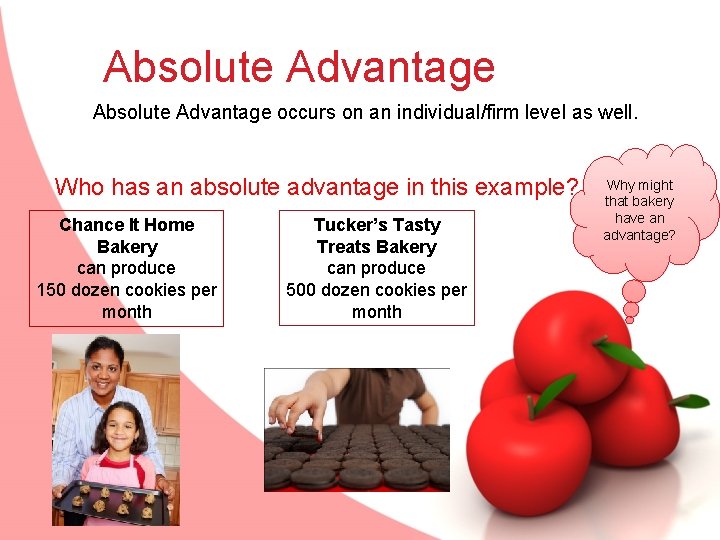 Absolute Advantage occurs on an individual/firm level as well. Who has an absolute advantage
