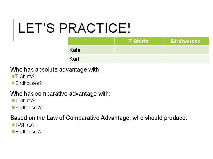LET’S PRACTICE! T-Shirts Birdhouses Kate Karl Who has absolute advantage with: T-Shirts? Birdhouses? Who