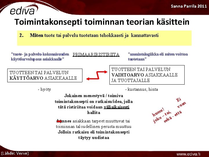 Sanna Parrila 2011 Toimintakonsepti toiminnan teorian käsittein 2. Miten tuote tai palvelu tuotetaan tehokkaasti