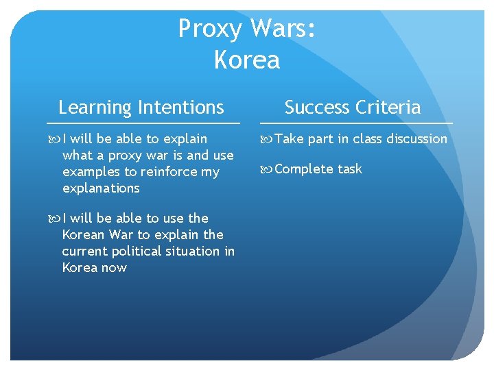 Proxy Wars: Korea Learning Intentions Success Criteria I will be able to explain what
