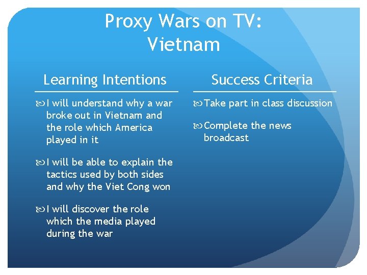 Proxy Wars on TV: Vietnam Learning Intentions Success Criteria I will understand why a