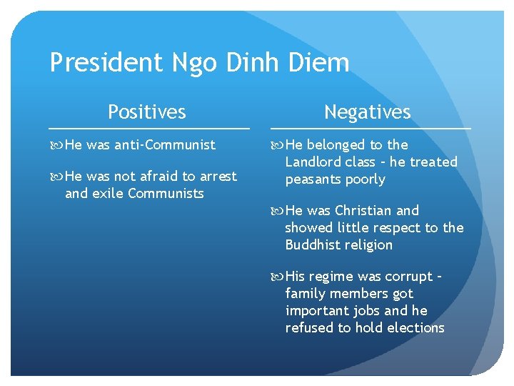 President Ngo Dinh Diem Positives He was anti-Communist He was not afraid to arrest
