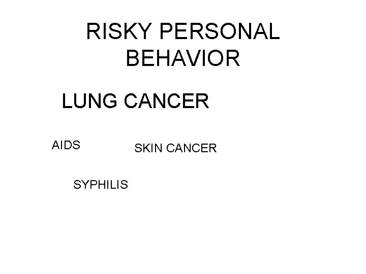 RISKY PERSONAL BEHAVIOR LUNG CANCER AIDS SYPHILIS SKIN CANCER 