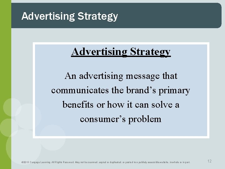Advertising Strategy An advertising message that communicates the brand’s primary benefits or how it