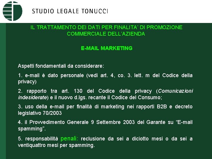 IL TRATTAMENTO DEI DATI PER FINALITA’ DI PROMOZIONE COMMERCIALE DELL’AZIENDA E-MAIL MARKETING Aspetti fondamentali