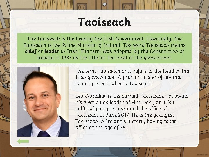 Taoiseach The Taoiseach is the head of the Irish Government. Essentially, the Taoiseach is