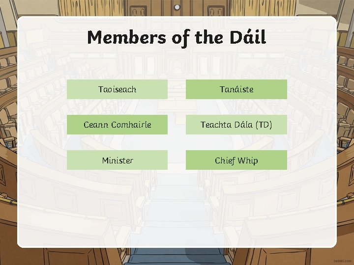 Members of the Dáil Taoiseach Tanáiste Ceann Comhairle Teachta Dála (TD) Minister Chief Whip