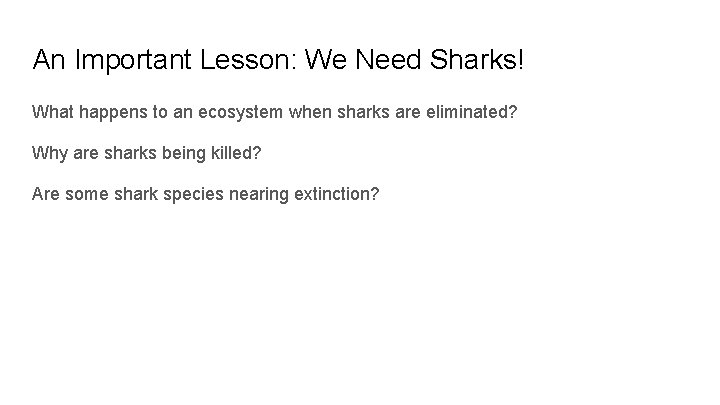 An Important Lesson: We Need Sharks! What happens to an ecosystem when sharks are