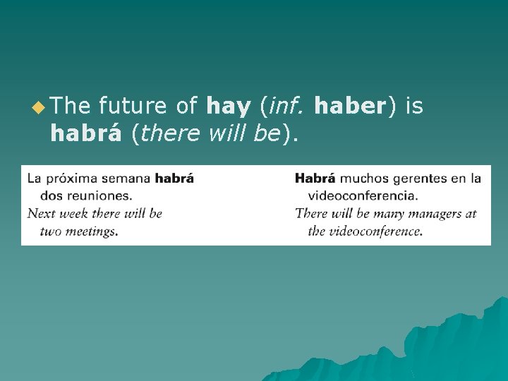 u The future of hay (inf. haber) is habrá (there will be). 