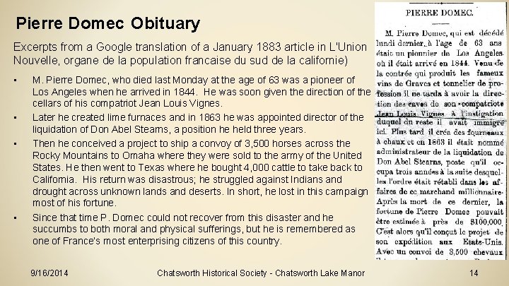 Pierre Domec Obituary Excerpts from a Google translation of a January 1883 article in