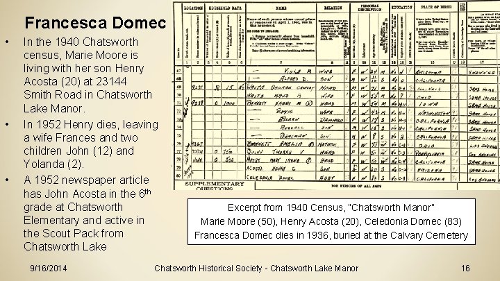 Francesca Domec • • • In the 1940 Chatsworth census, Marie Moore is living