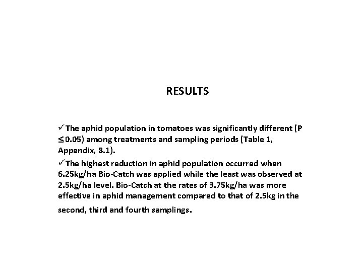 RESULTS üThe aphid population in tomatoes was significantly different (P 0. 05) among treatments