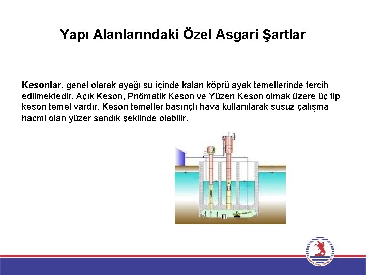 Yapı Alanlarındaki Özel Asgari Şartlar Kesonlar, genel olarak ayağı su içinde kalan köprü ayak