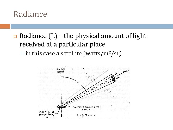 Radiance (L) – the physical amount of light received at a particular place �