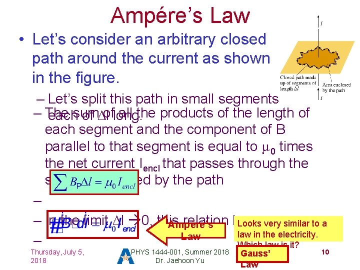 Ampére’s Law • Let’s consider an arbitrary closed path around the current as shown