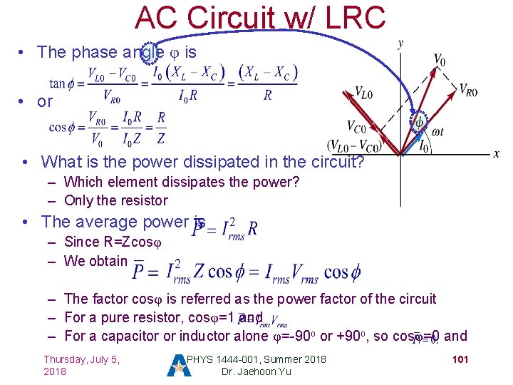 AC Circuit w/ LRC • The phase angle φ is • or • What