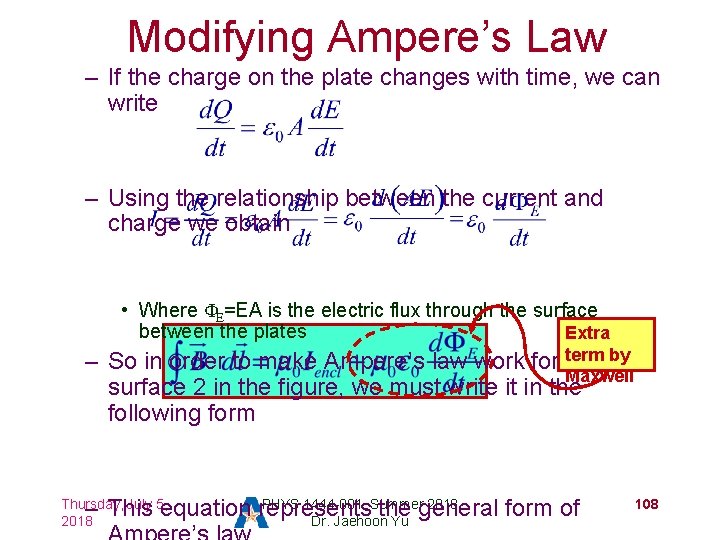 Modifying Ampere’s Law – If the charge on the plate changes with time, we
