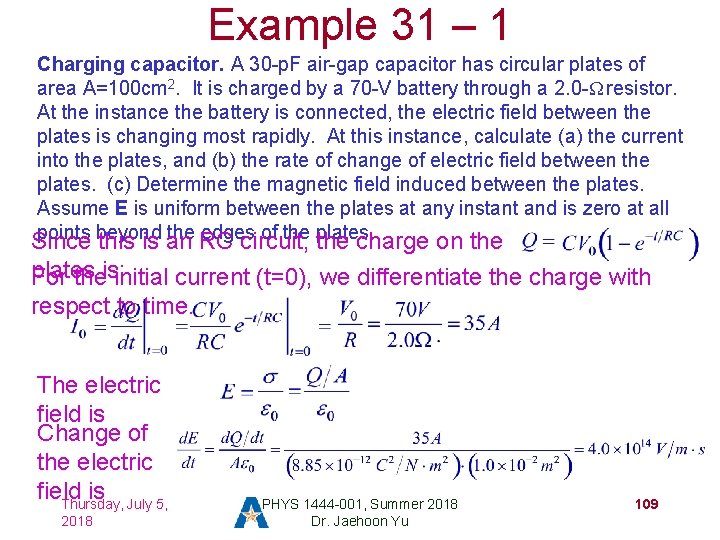 Example 31 – 1 Charging capacitor. A 30 -p. F air-gap capacitor has circular