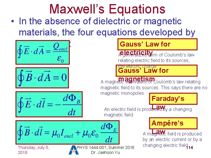 Maxwell’s Equations • In the absence of dielectric or magnetic materials, the four equations