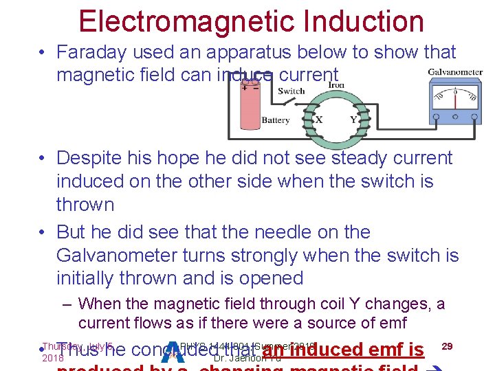 Electromagnetic Induction • Faraday used an apparatus below to show that magnetic field can