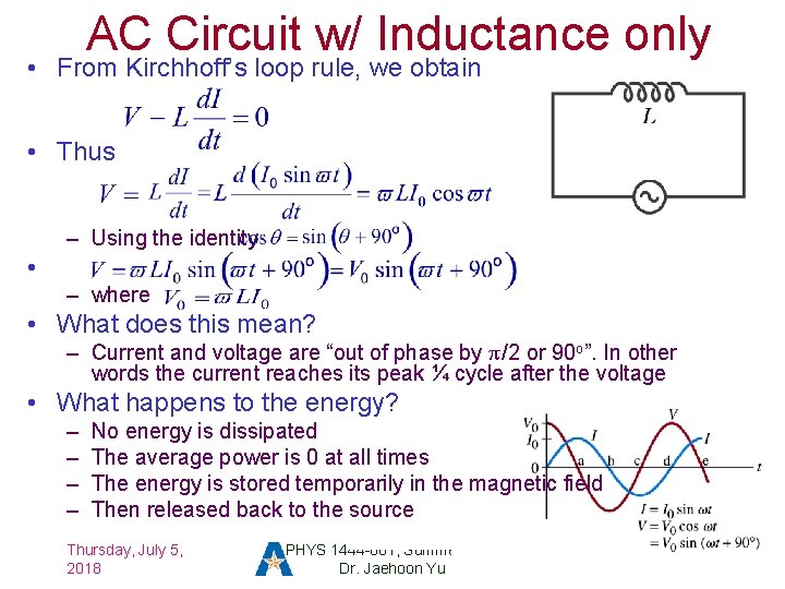 AC Circuit w/ Inductance only • From Kirchhoff’s loop rule, we obtain • Thus