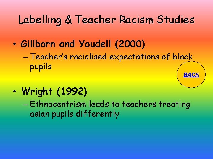 Labelling & Teacher Racism Studies • Gillborn and Youdell (2000) – Teacher’s racialised expectations