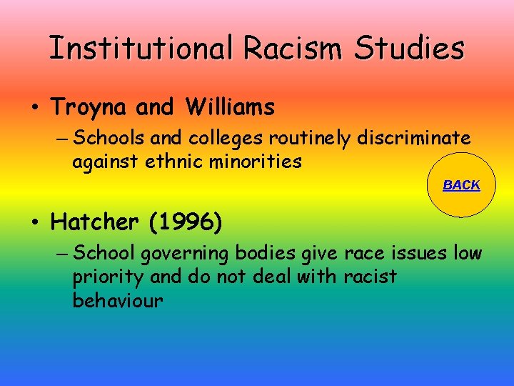 Institutional Racism Studies • Troyna and Williams – Schools and colleges routinely discriminate against