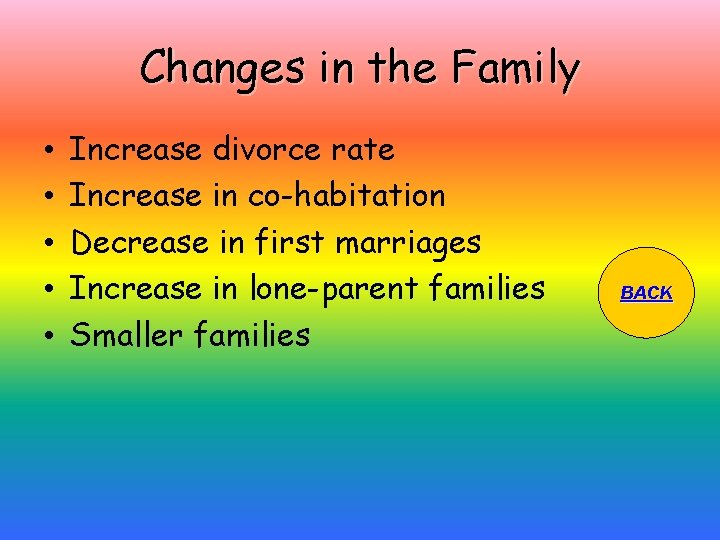 Changes in the Family • • • Increase divorce rate Increase in co-habitation Decrease