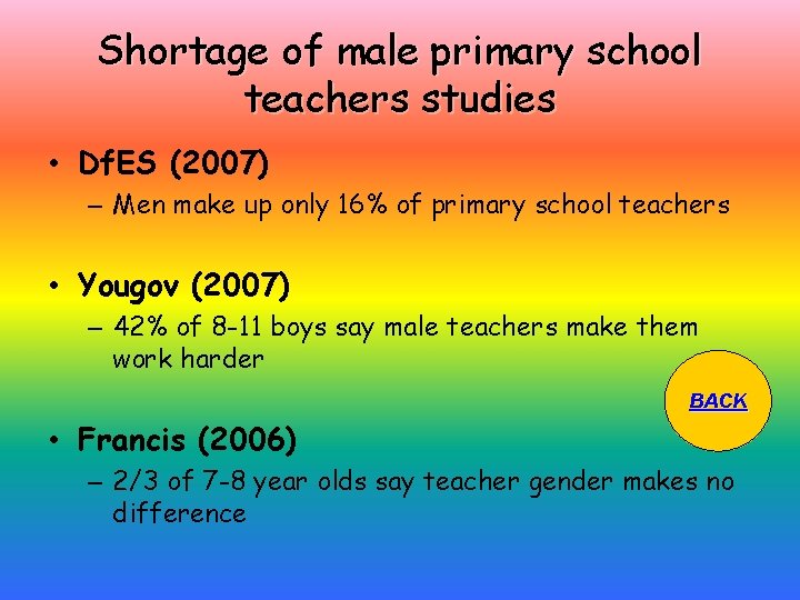 Shortage of male primary school teachers studies • Df. ES (2007) – Men make